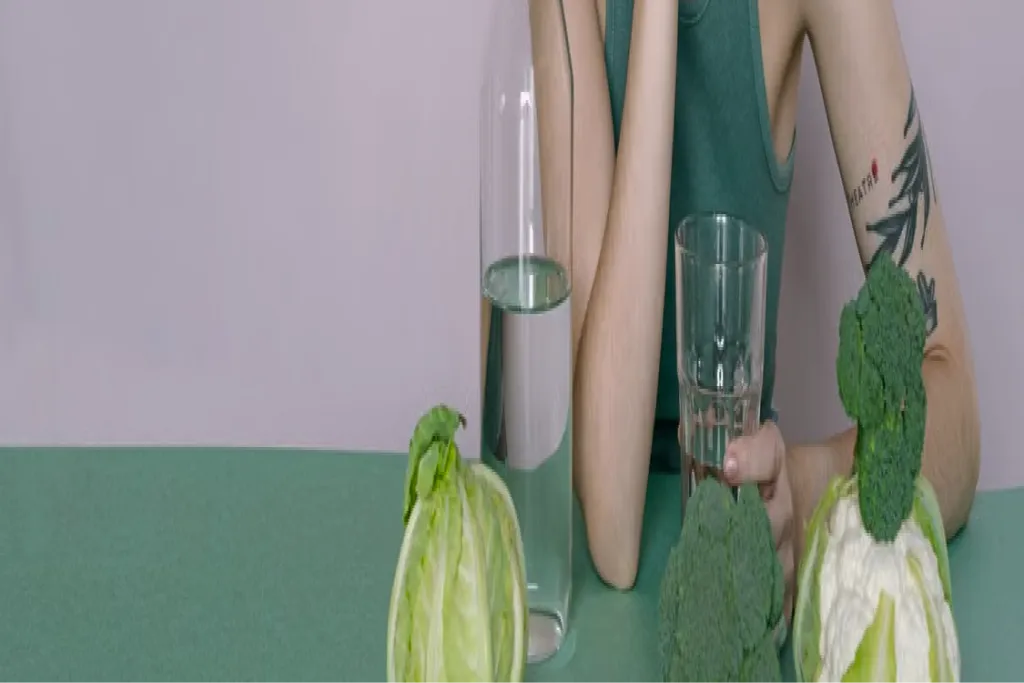 Fresh vegetables and a glass of water on a table